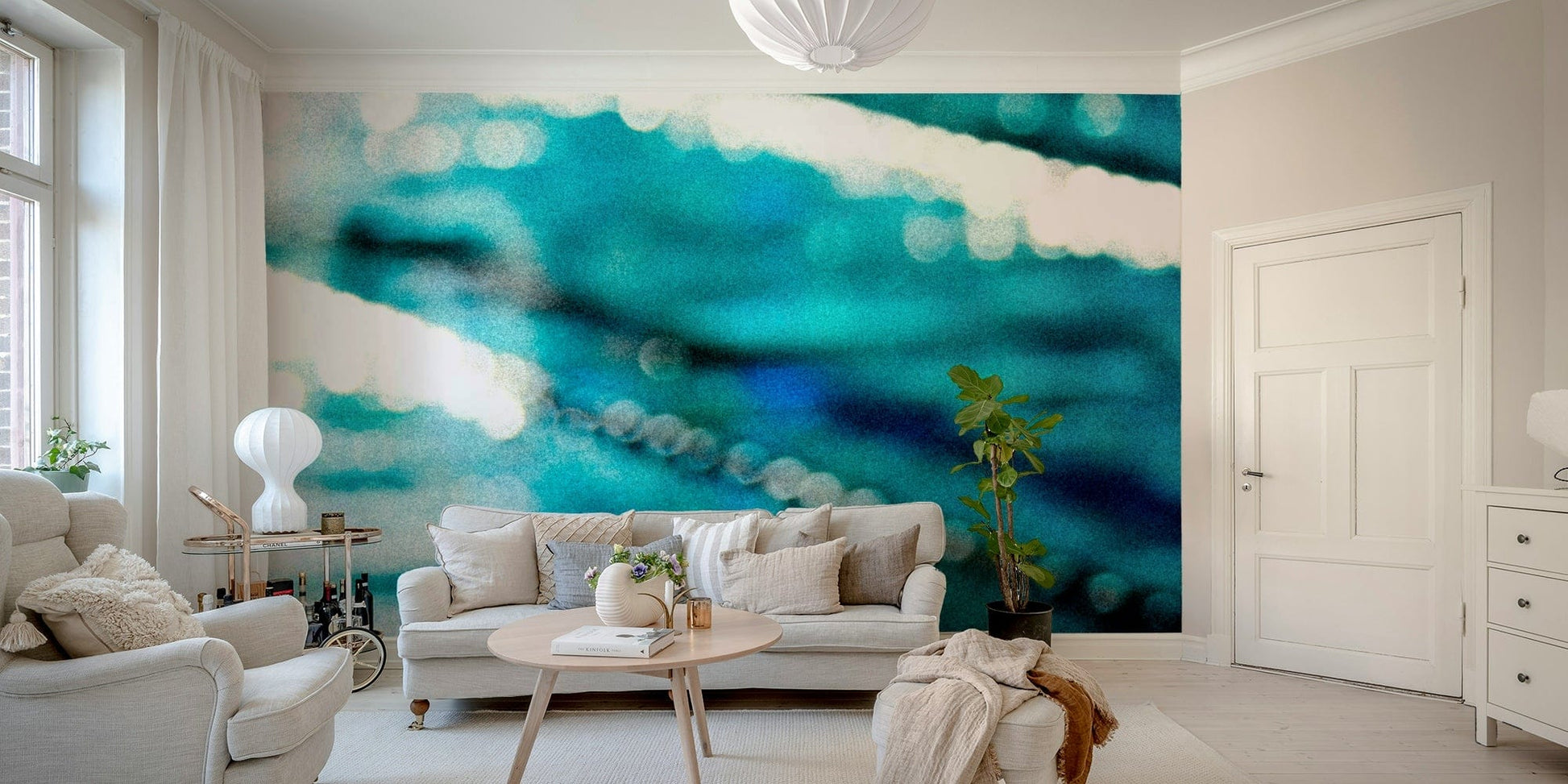 A peaceful luxury pool mural on decorative wallpaper.

