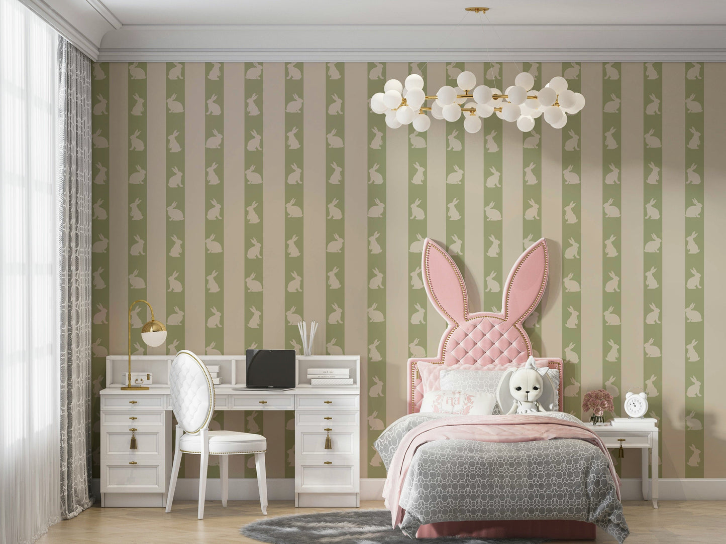 The design features a repeating pattern of serene rabbits.

