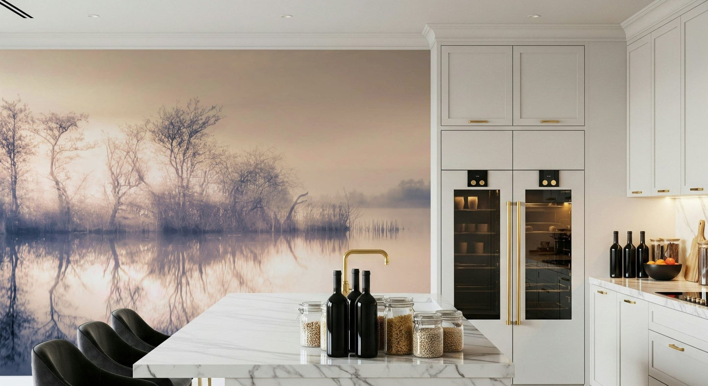Delicate light mural, blurry treeline over smooth water.