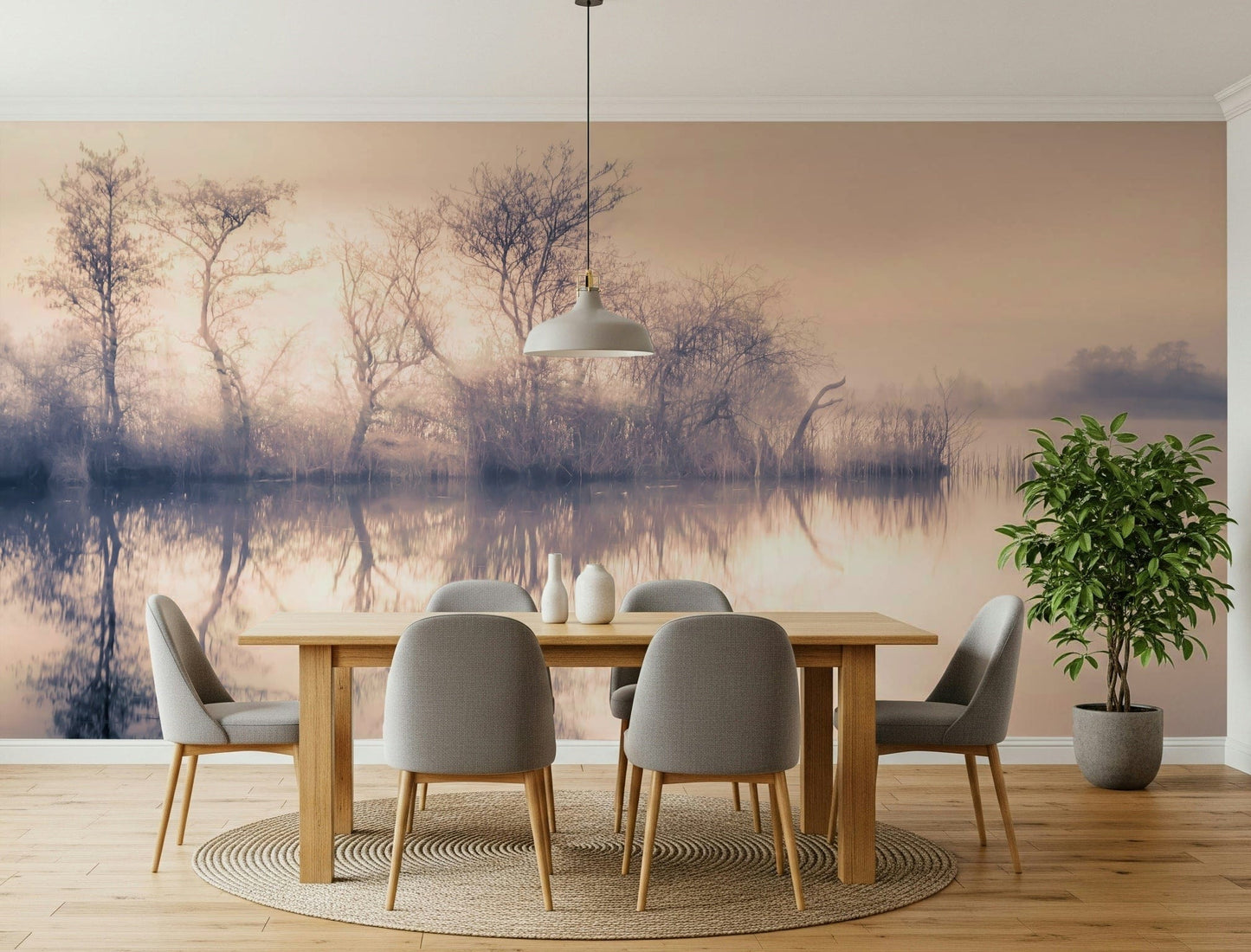 Serene Reflections wallpaper showcasing foggy lake edge and sky.