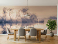 Serene Reflections wallpaper showcasing foggy lake edge and sky.