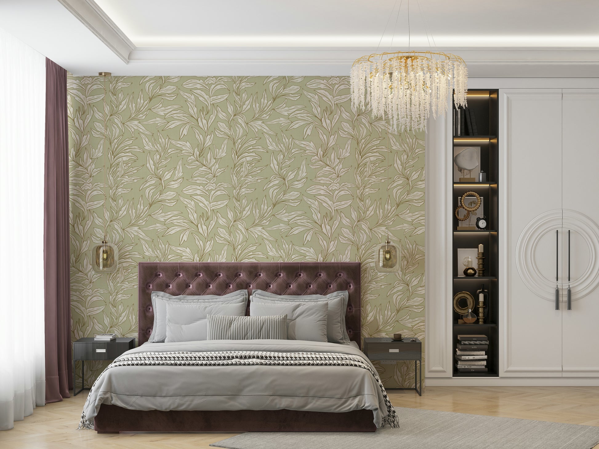Wall mural with serene botanical art in green

