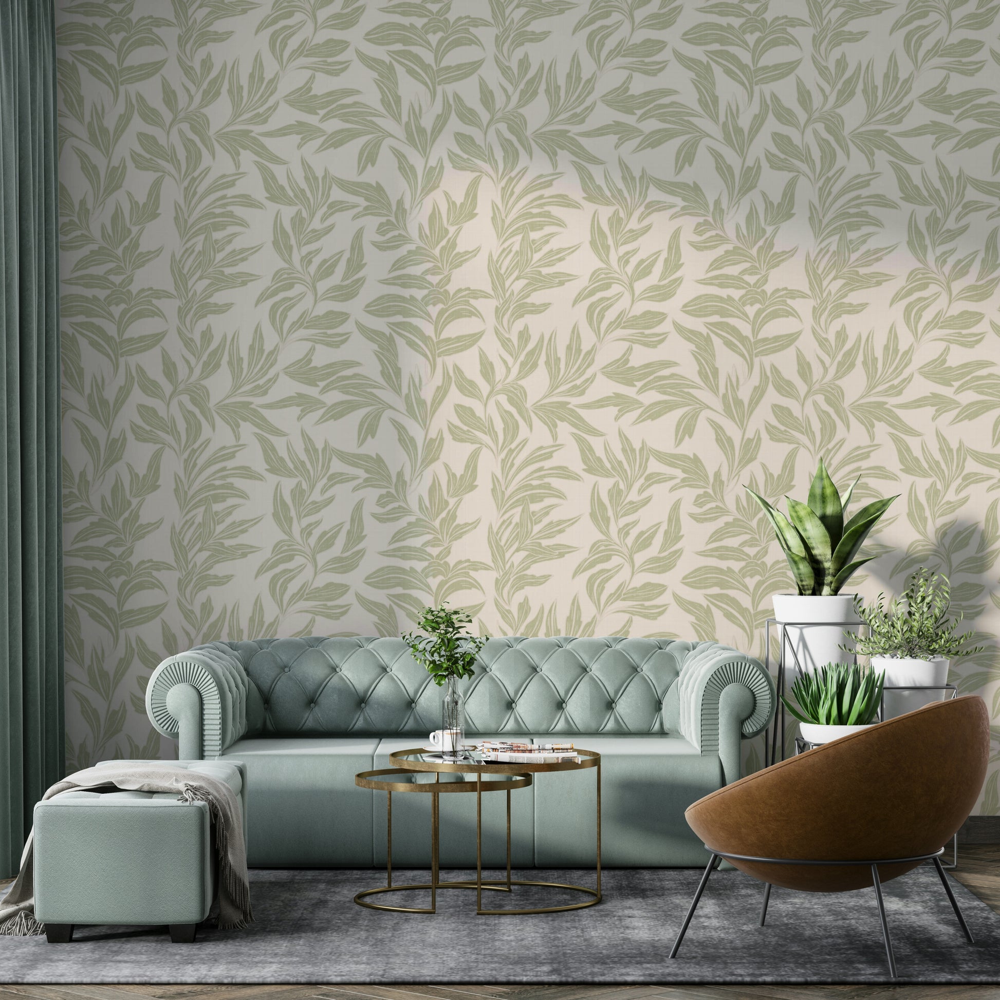 Elegant leaf wallpaper in muted sage tones

