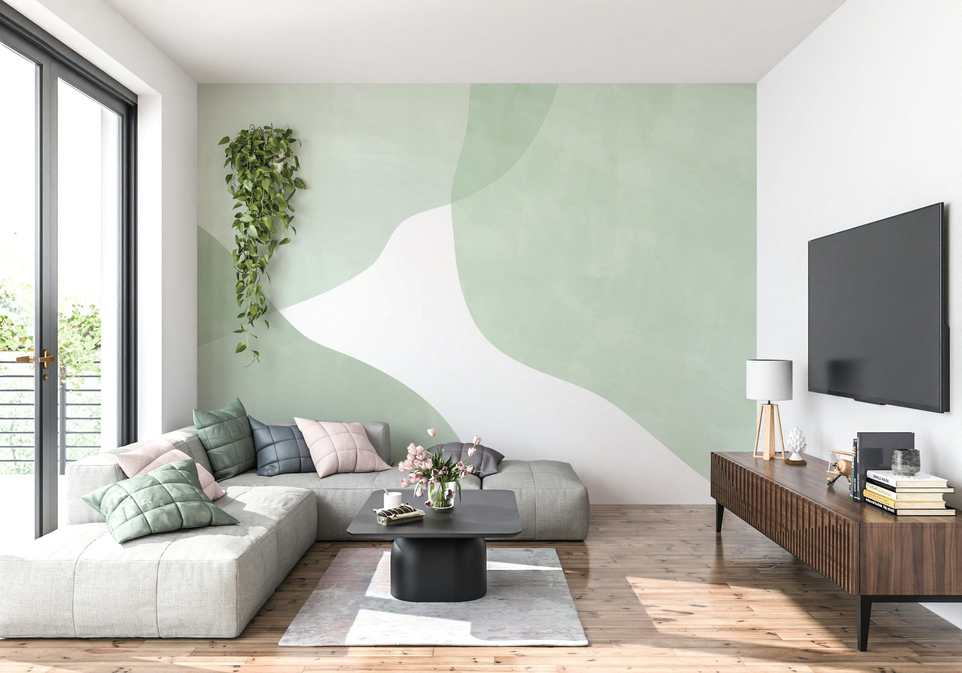 A graceful subtle pattern wall mural in cool, tranquil tones.