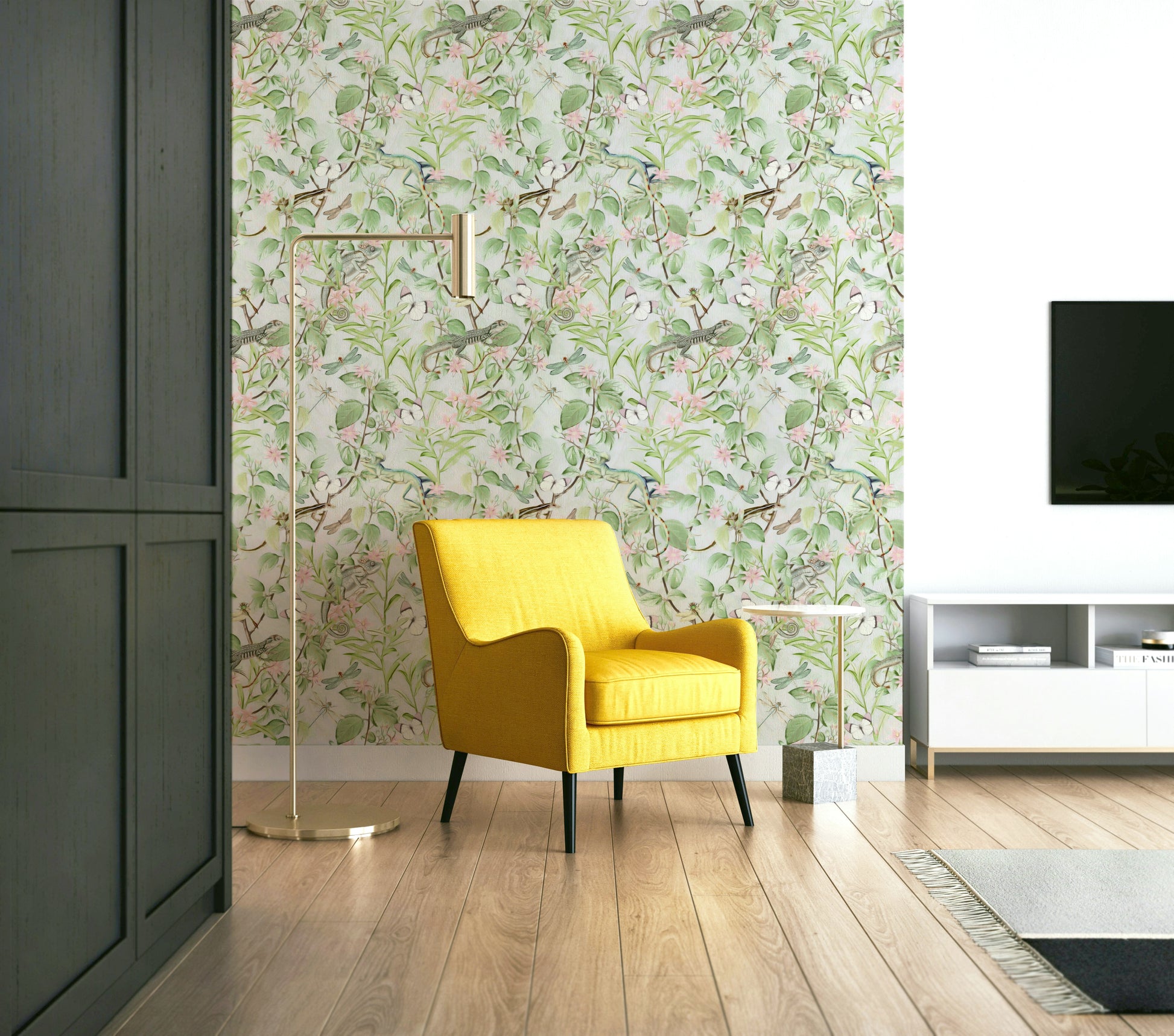 Close-up view of Serene Sanctuary wall mural with gentle greenery.

