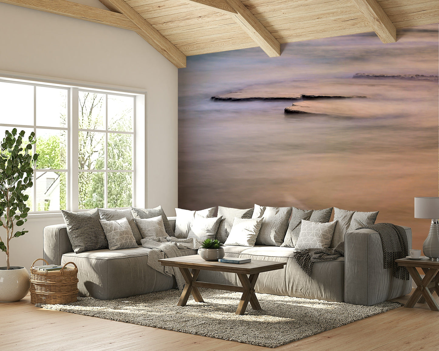 A graceful subtle water wall mural in cool, natural tones.

