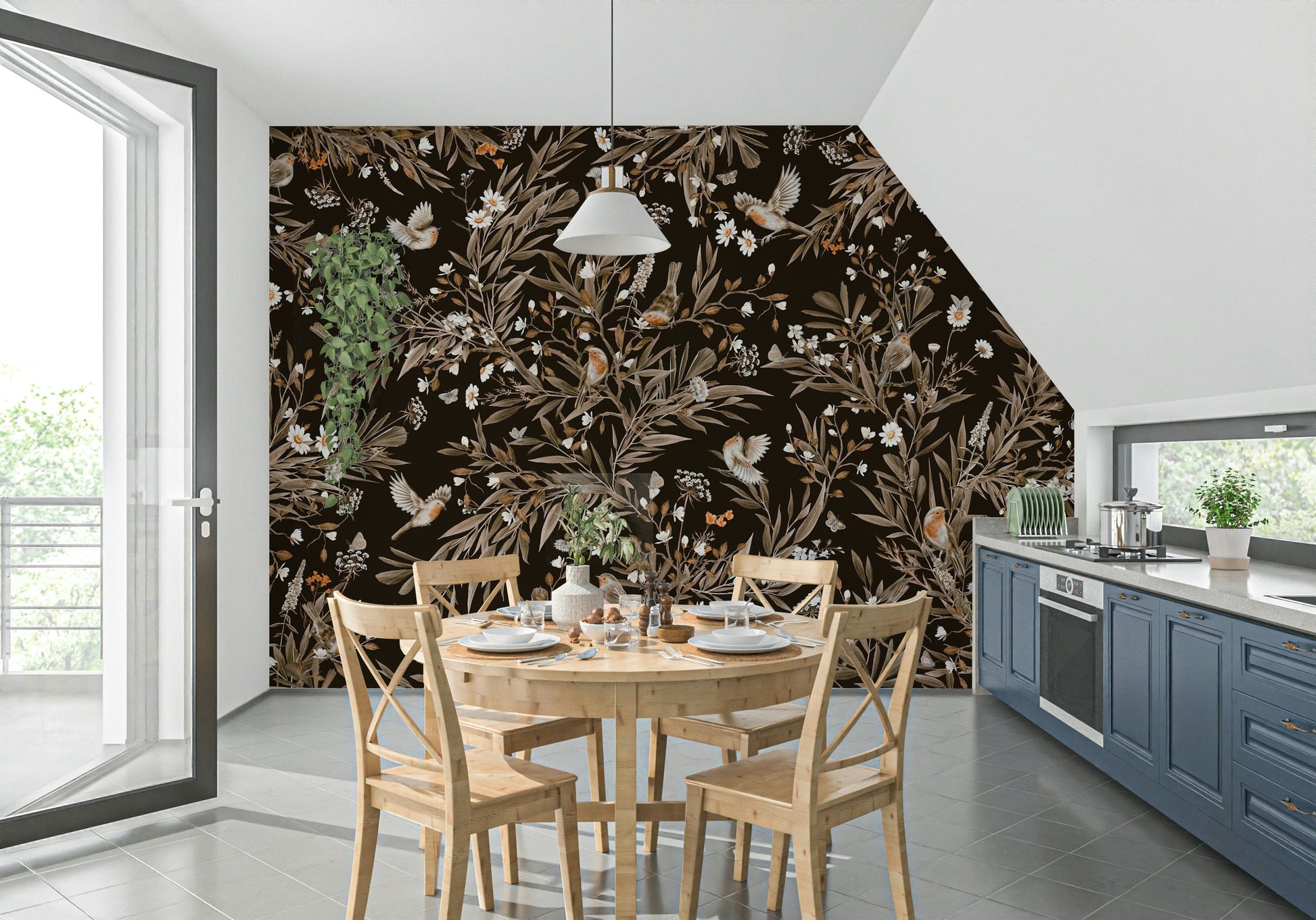 Beautiful botanical mural featuring songbirds singing in a tranquil garden