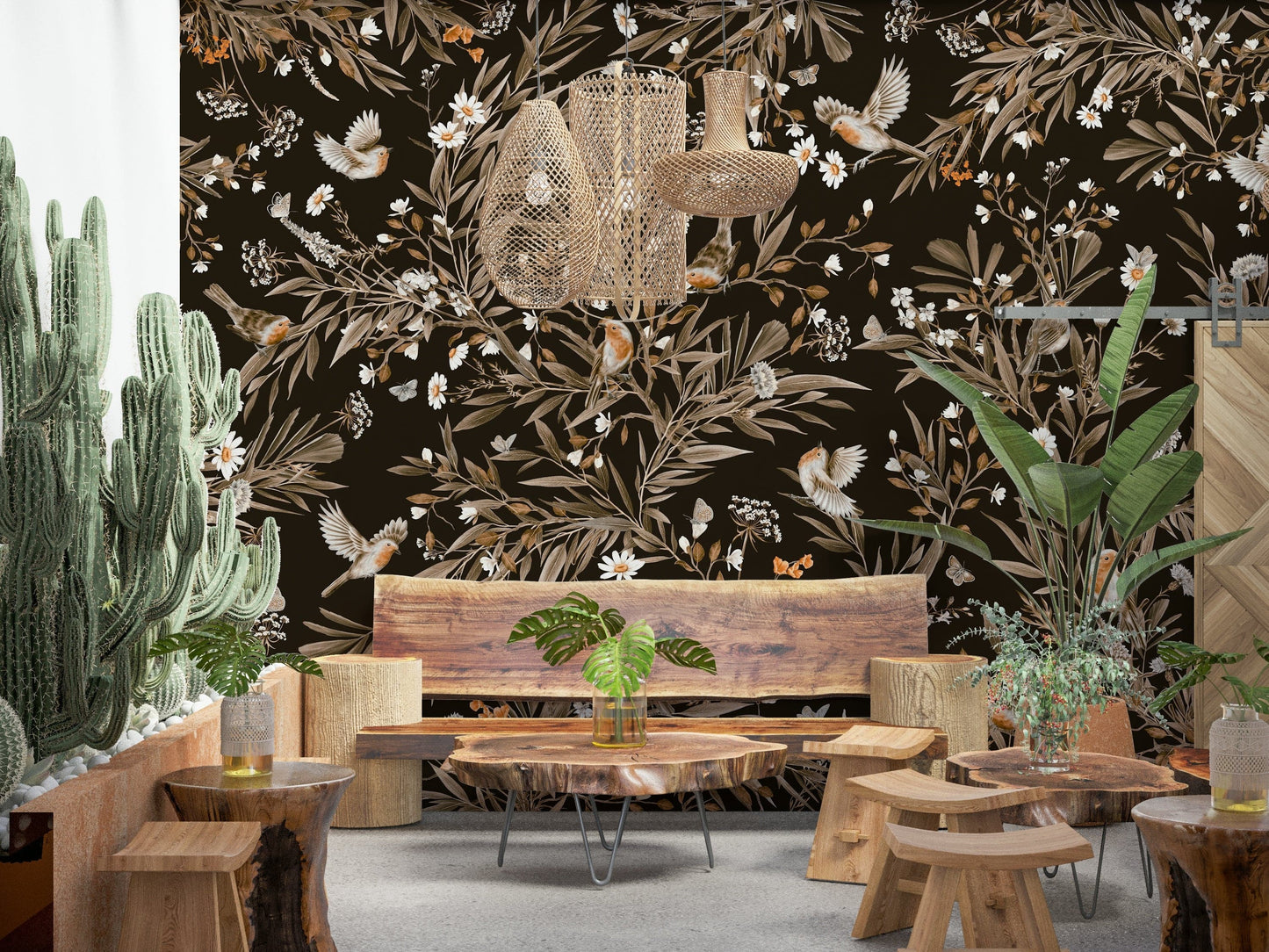 Charming mural with watercolor songbirds perched amid blooming flowers.