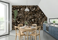 Beautiful botanical mural featuring songbirds singing in a tranquil garden