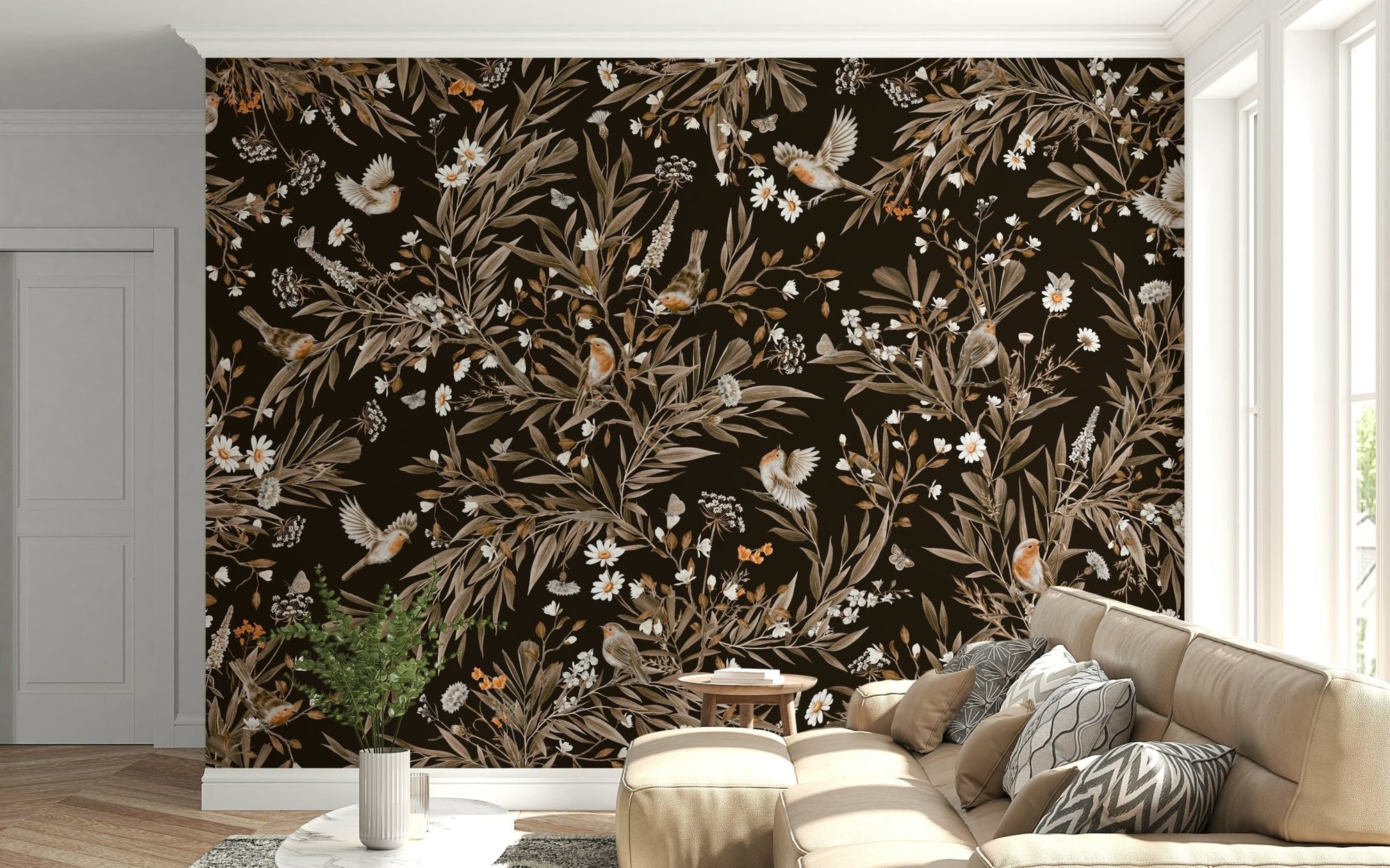 Serene Songbirds wallpaper mural in dark brown with sepia leaves, white daisies and robins behind a tan sectional sofa in a living room