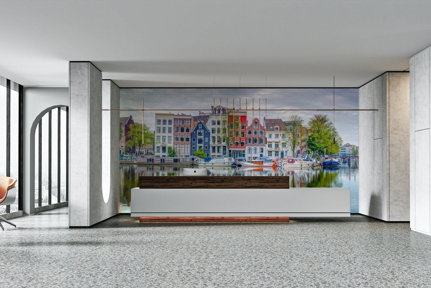 Reflections mural of boats and townhouses in Amsterdam

