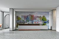 Reflections mural of boats and townhouses in Amsterdam

