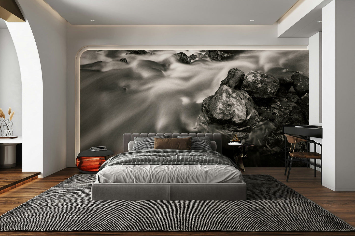 An artistic nature scene mural on minimalist wallpaper.


