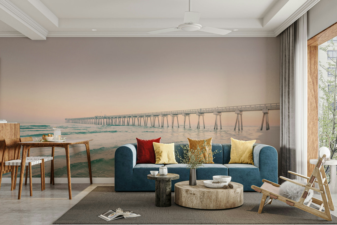 Serene Sunset Pier wall mural with golden hues

