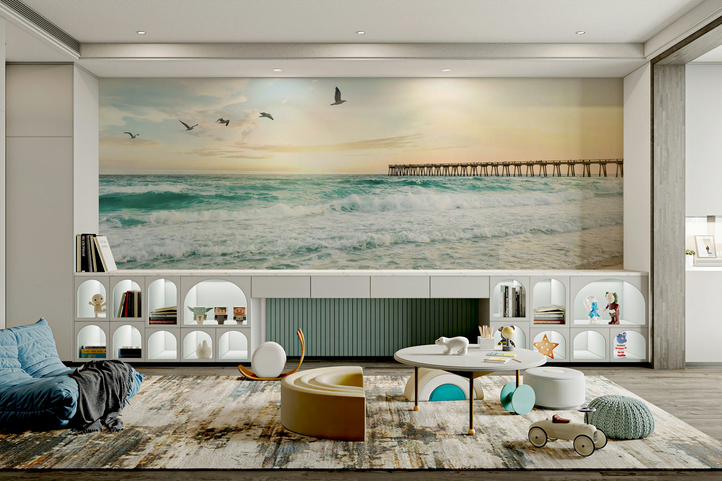 Soft orange, pink, and purple hues in Serene Sunset Seascape mural.

