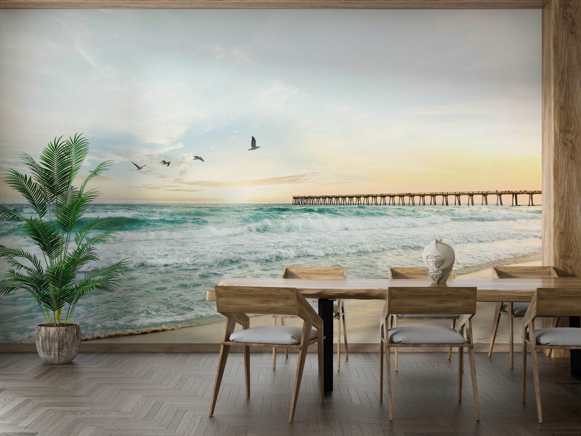 Beautiful sunset over the ocean in Serene Sunset Seascape mural.

