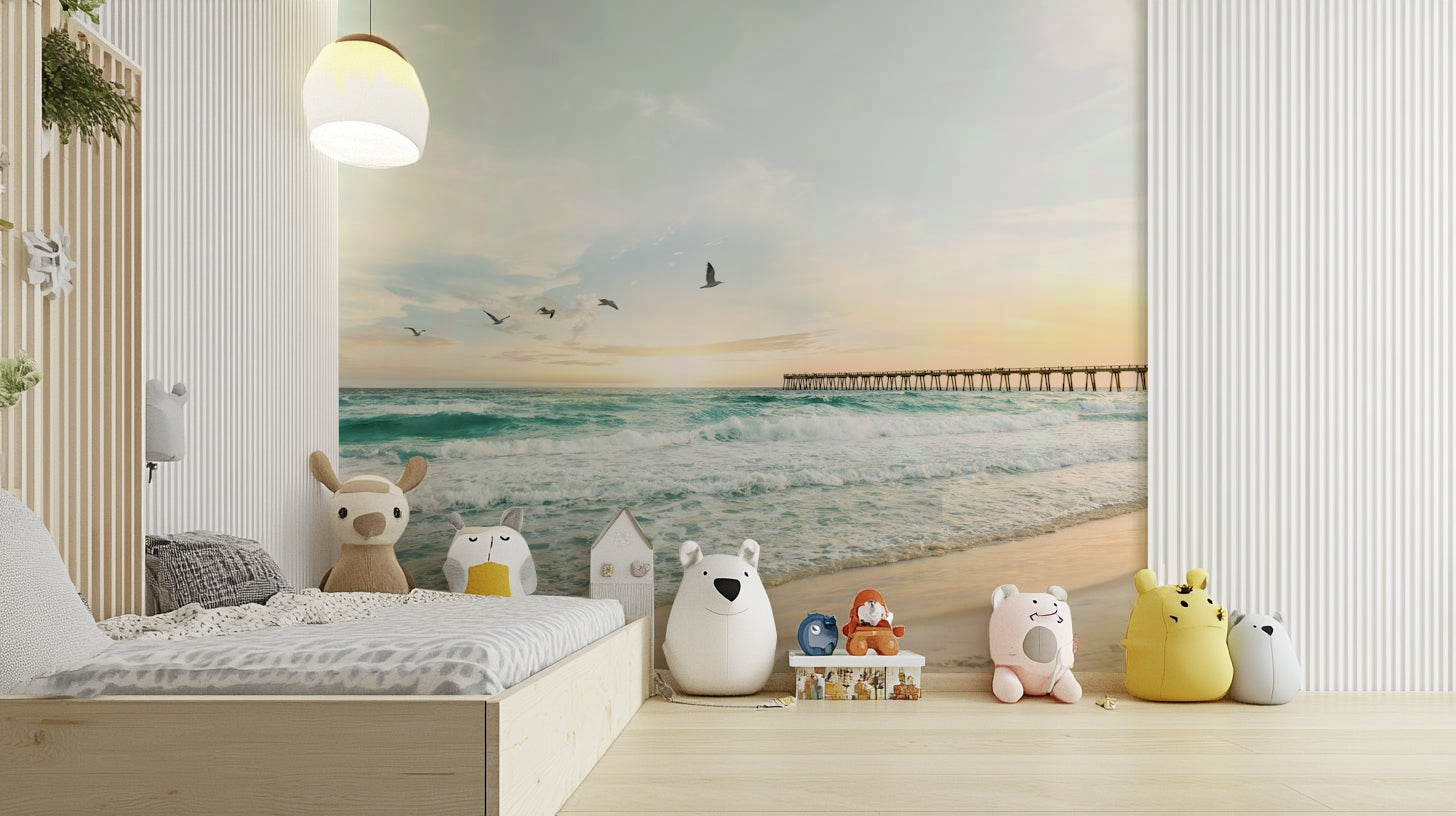 Serene Sunset Seascape Wall Mural with ocean and sunset colors.

