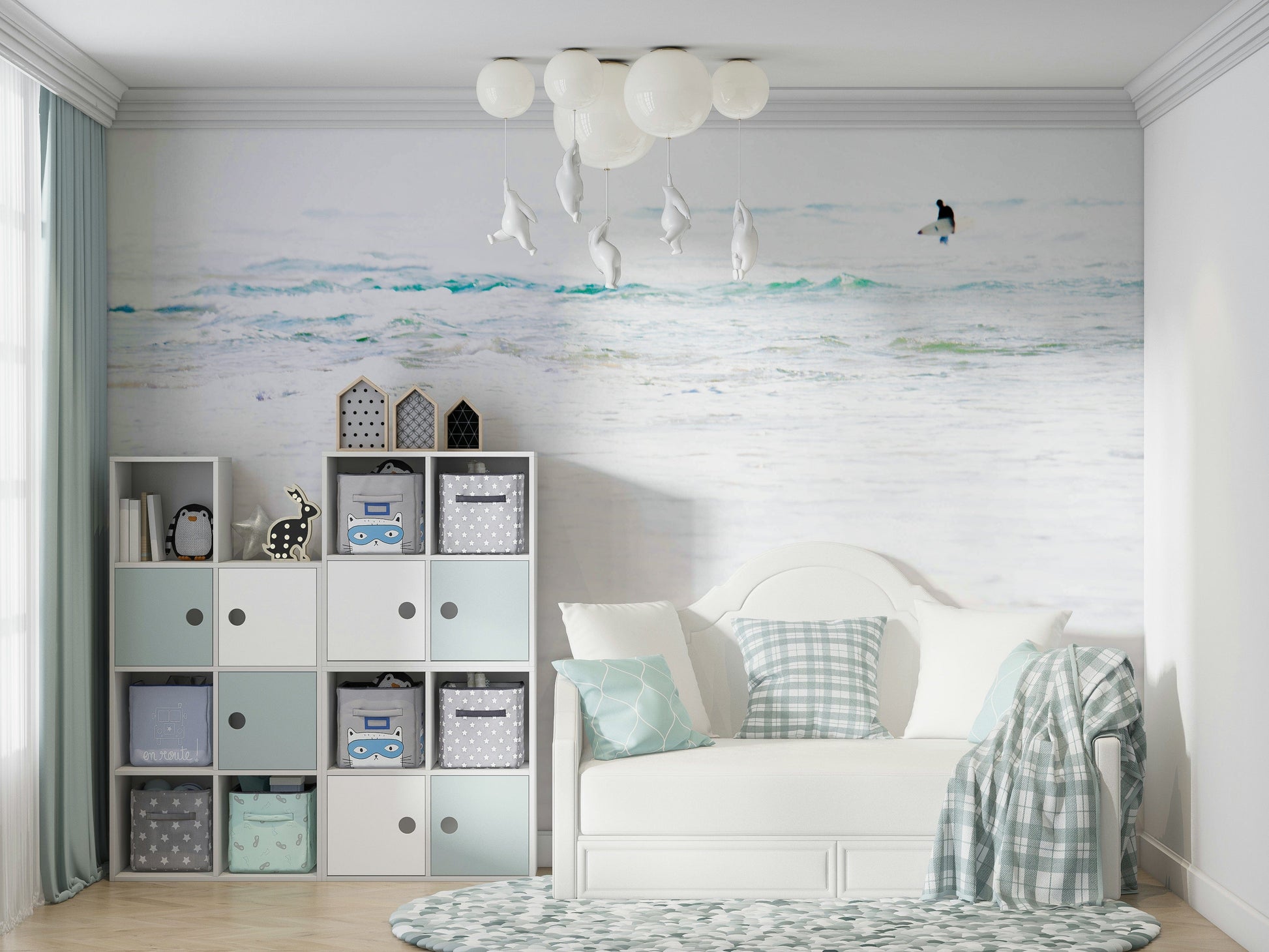 A calming water movement wallpaper mural that defines a space.

