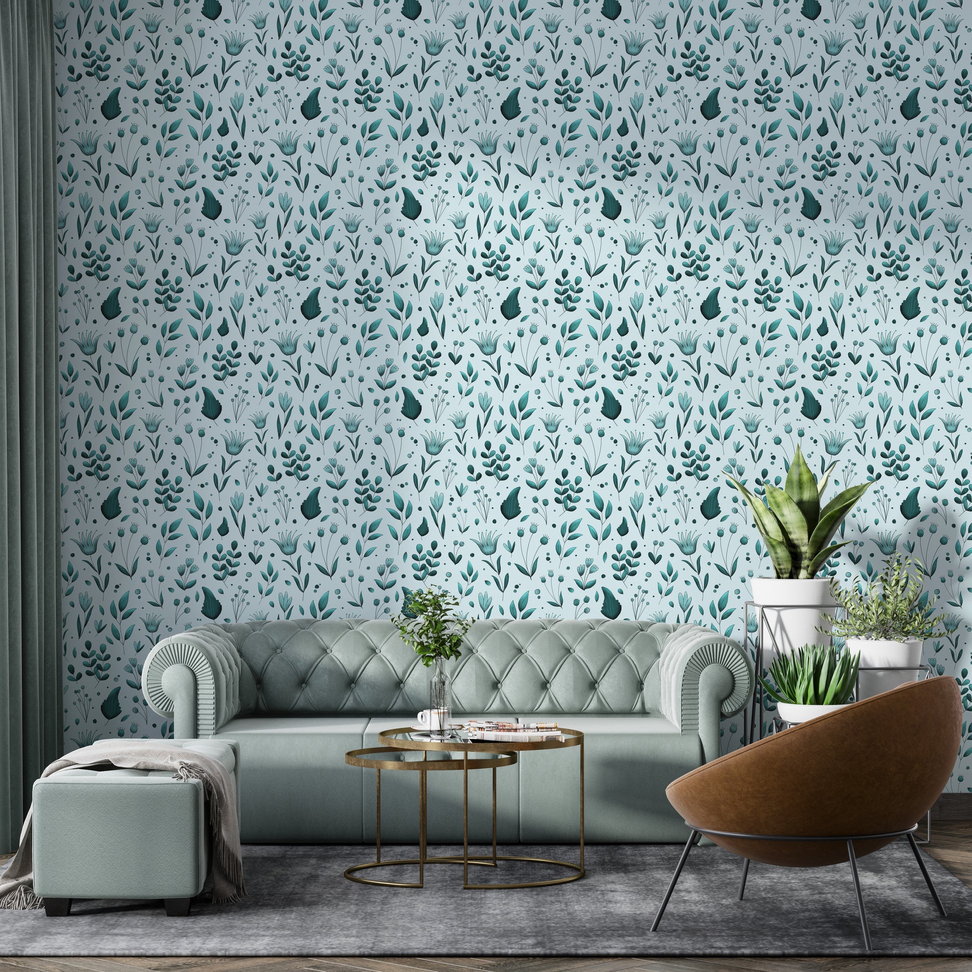 Serene Teal Garden wallpaper above a sage green chesterfield sofa and tan leather accent chair