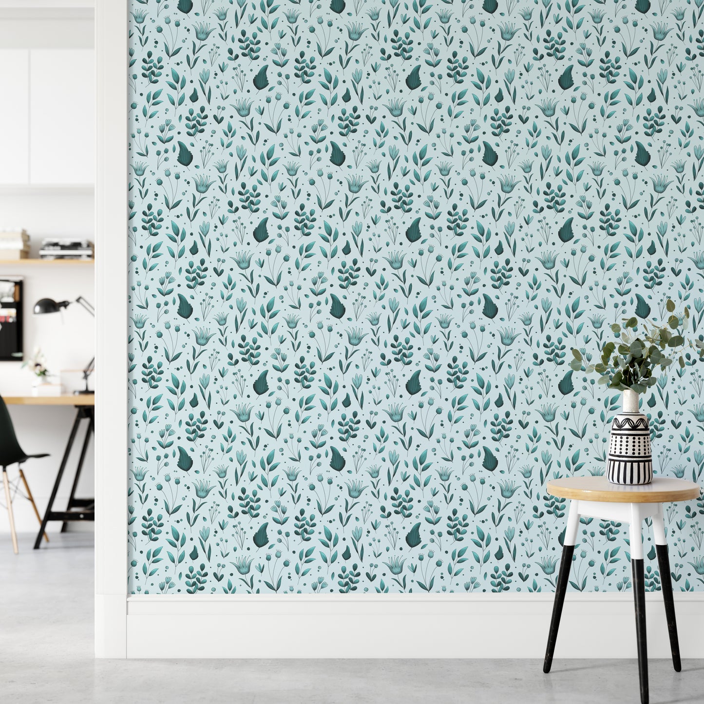 Serene Teal Garden wallpaper as a full-wall mural beside a home office desk and round stool