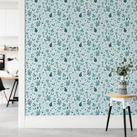 Serene Teal Garden wallpaper as a full-wall mural beside a home office desk and round stool