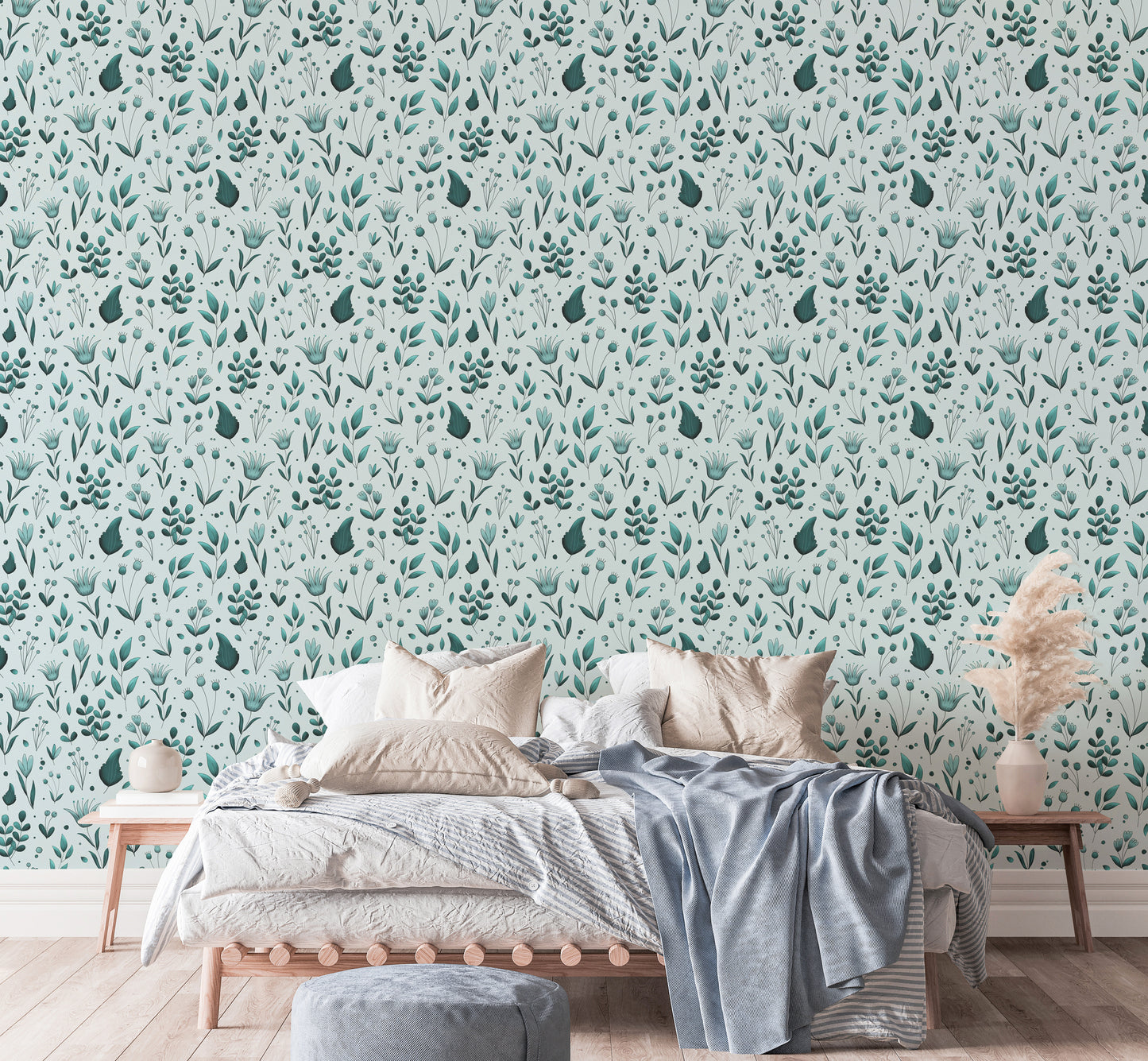 Serene Teal Garden wallpaper above a platform bed with neutral and blue bedding and pampas grass