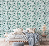 Serene Teal Garden wallpaper above a platform bed with neutral and blue bedding and pampas grass