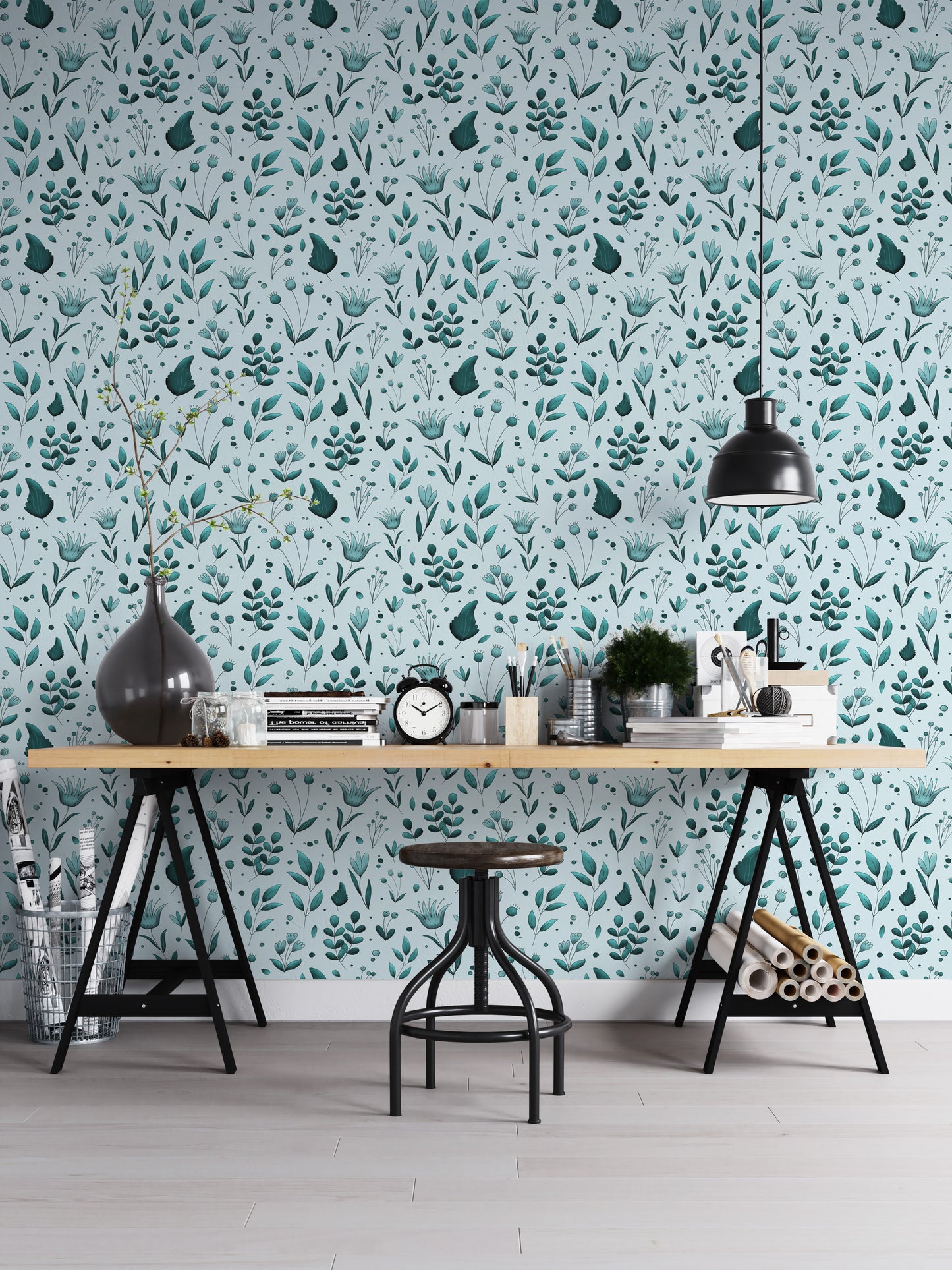Serene Teal Garden wallpaper as a full-wall mural behind a trestle desk and stool in a home office