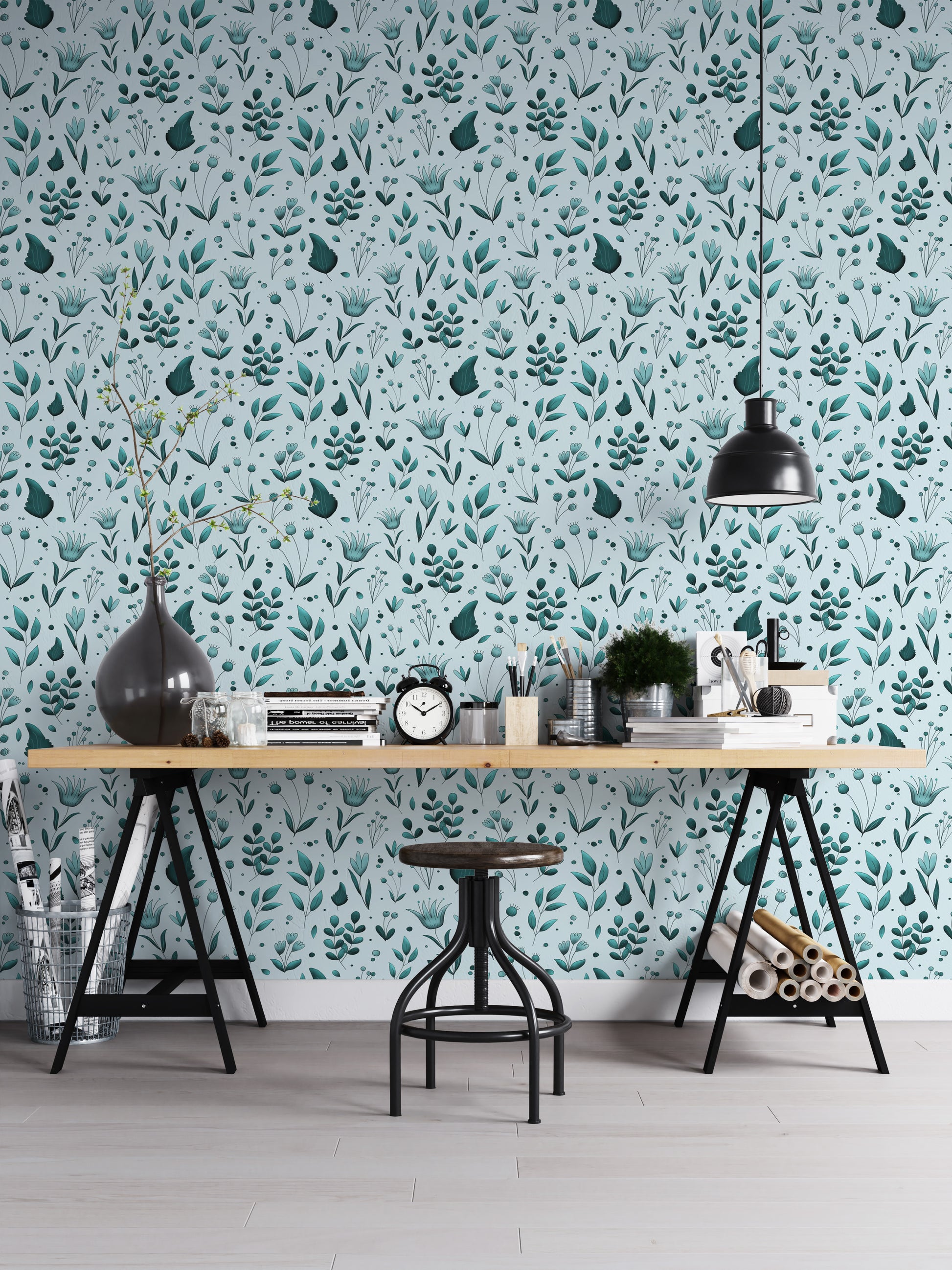Serene Teal Garden wallpaper as a full-wall mural behind a trestle desk and stool in a home office