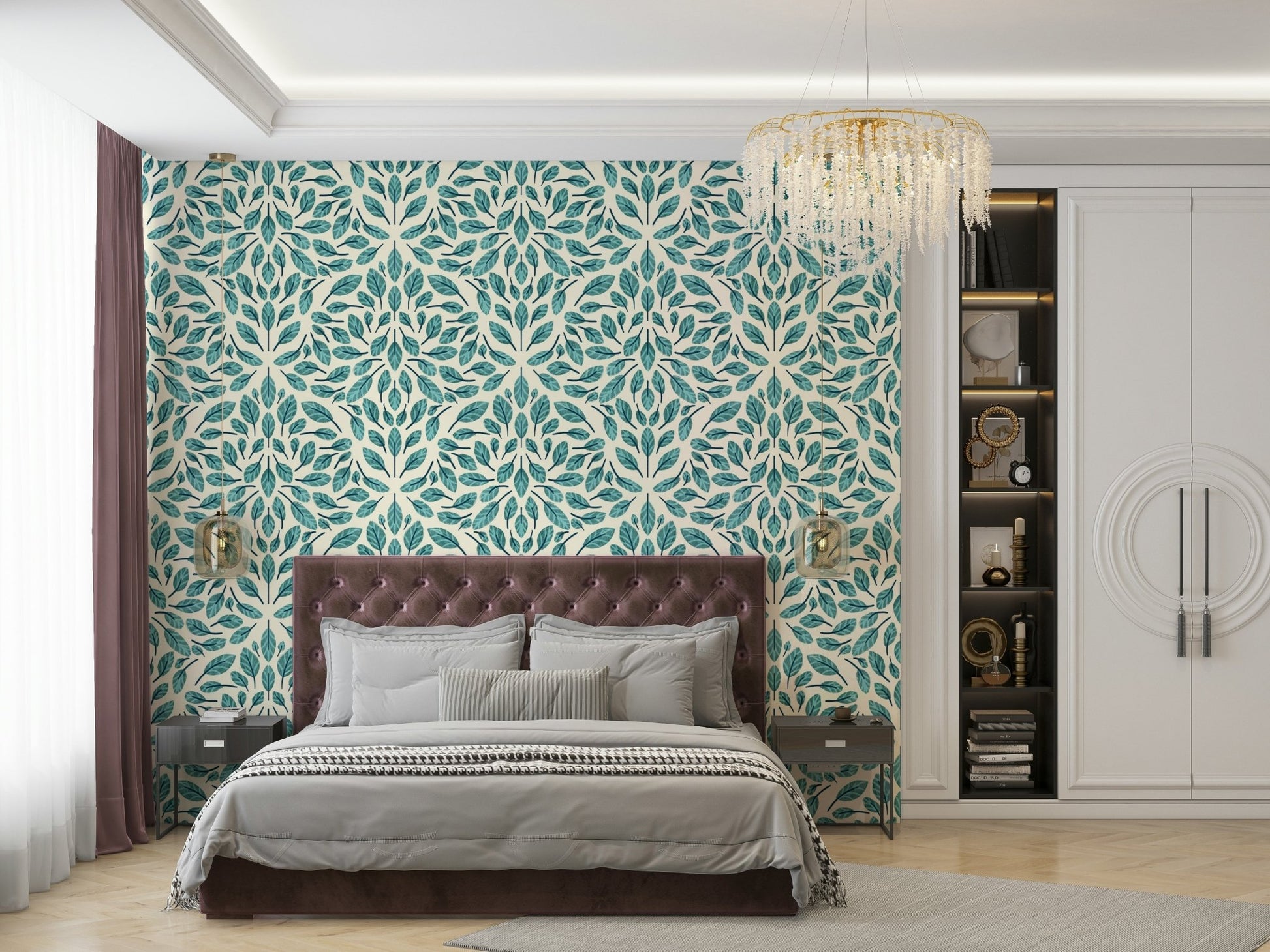 Teal leaves wallpaper with minimalist elegance

