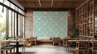 Serene teal wallpaper with layered leaf design


