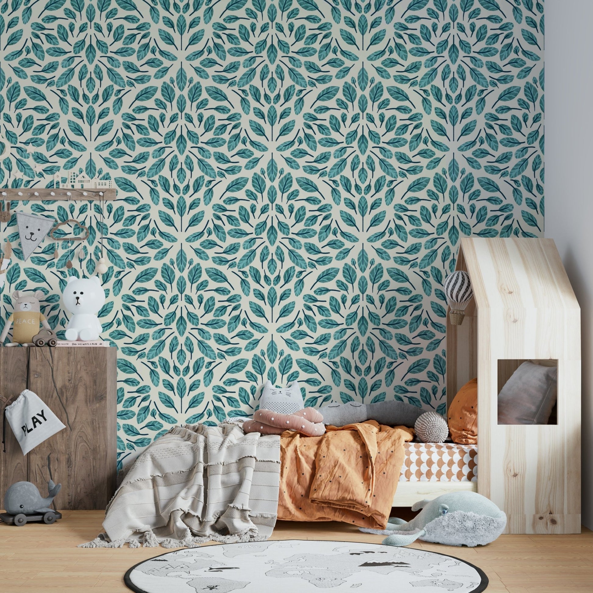 Nature-inspired wallpaper with teal leaf motifs

