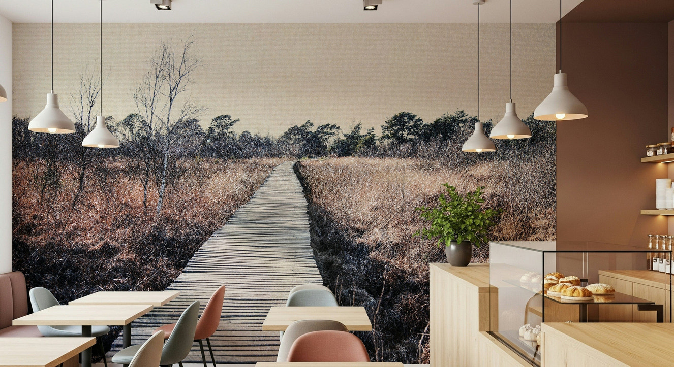 Trail's End Serenity Wall Mural with a winding path in a modern apartment living room.