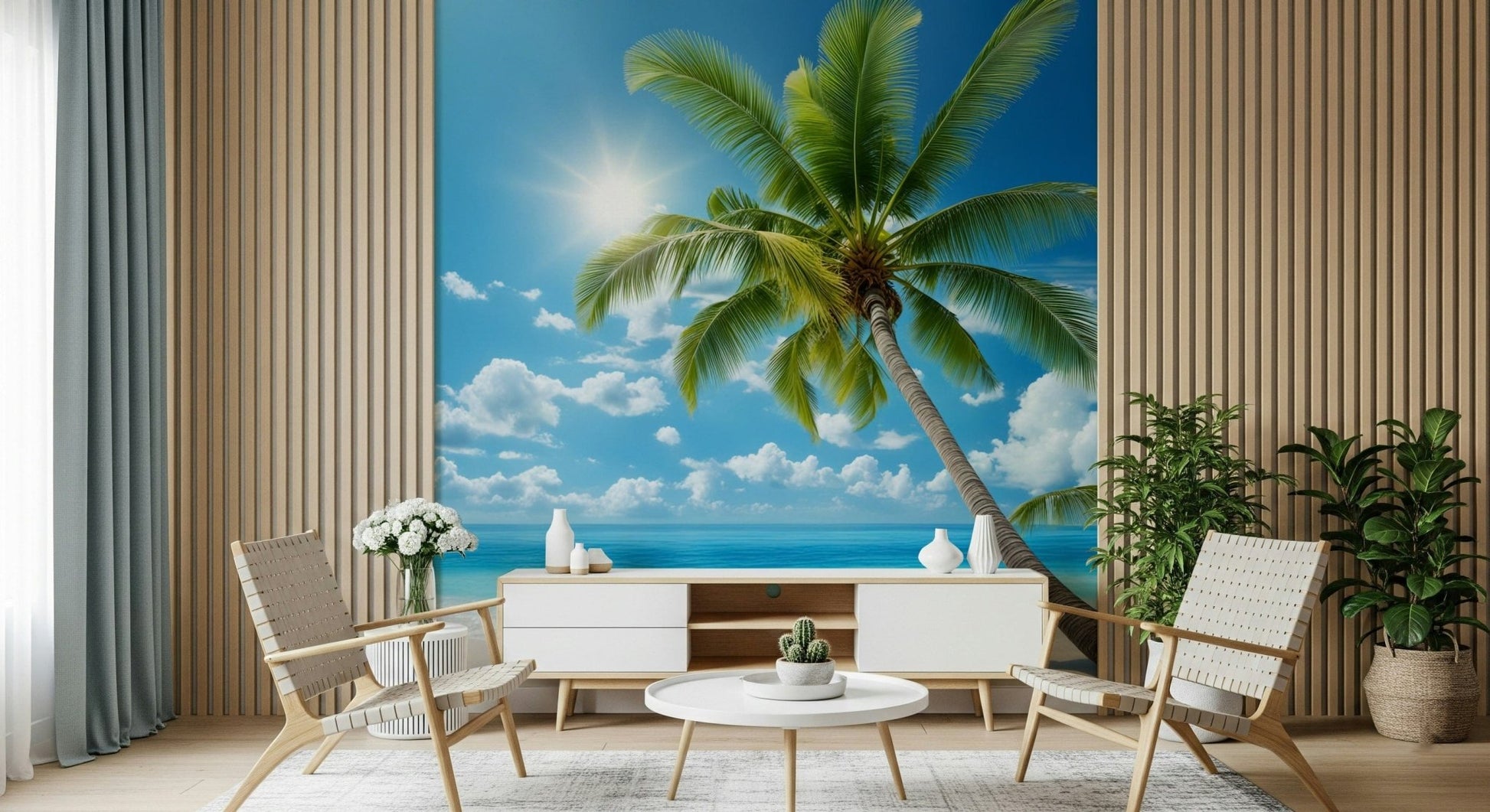 Coastal dining space with tranquil beach wallpaper, soft sunlight tones, relaxed modern wall decor