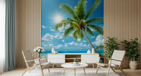 Coastal dining space with tranquil beach wallpaper, soft sunlight tones, relaxed modern wall decor