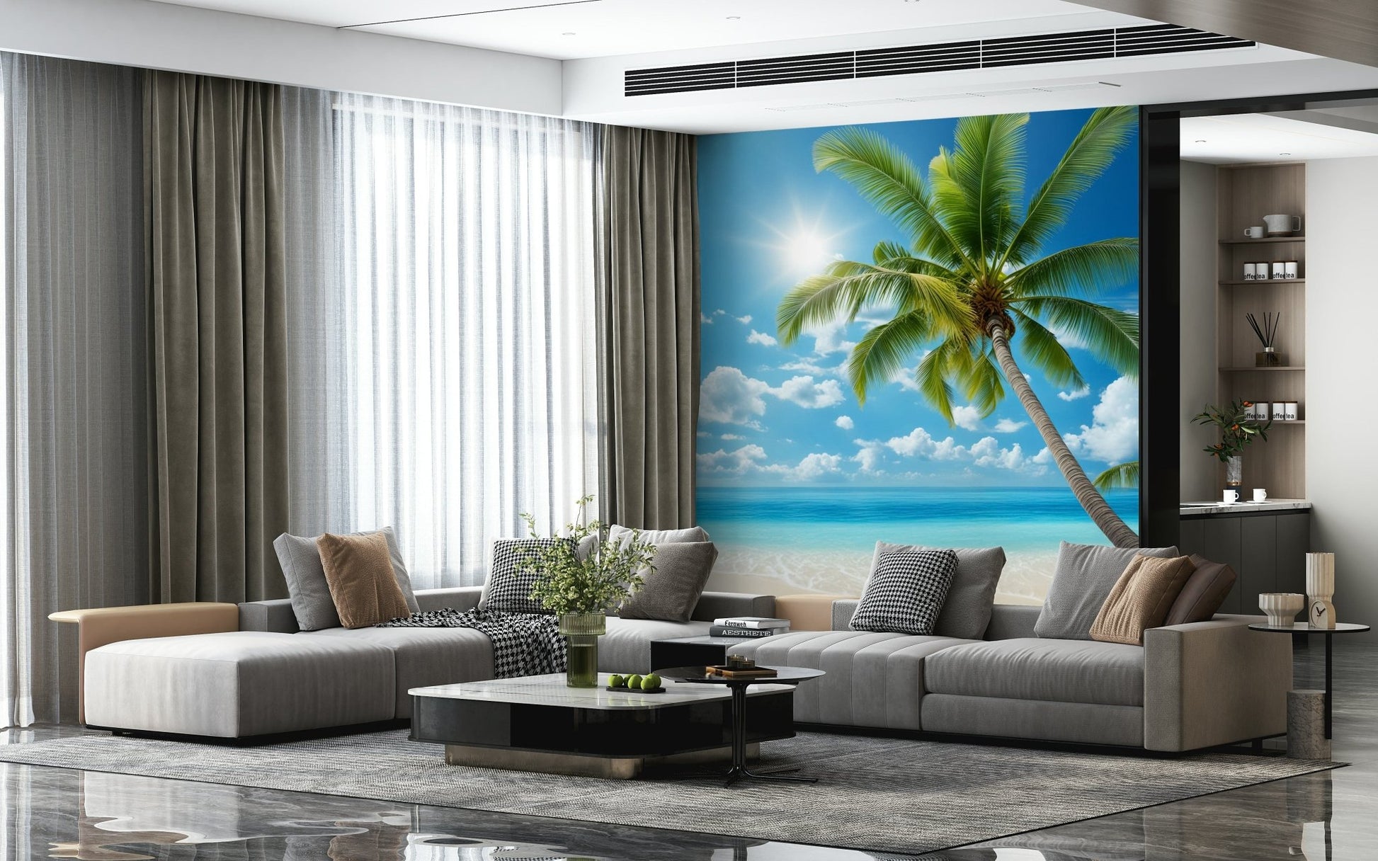 Bathroom accent wall with serene beach wallpaper, pale aqua water, spa-like modern styling