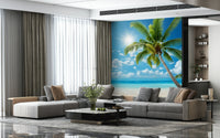 Bathroom accent wall with serene beach wallpaper, pale aqua water, spa-like modern styling