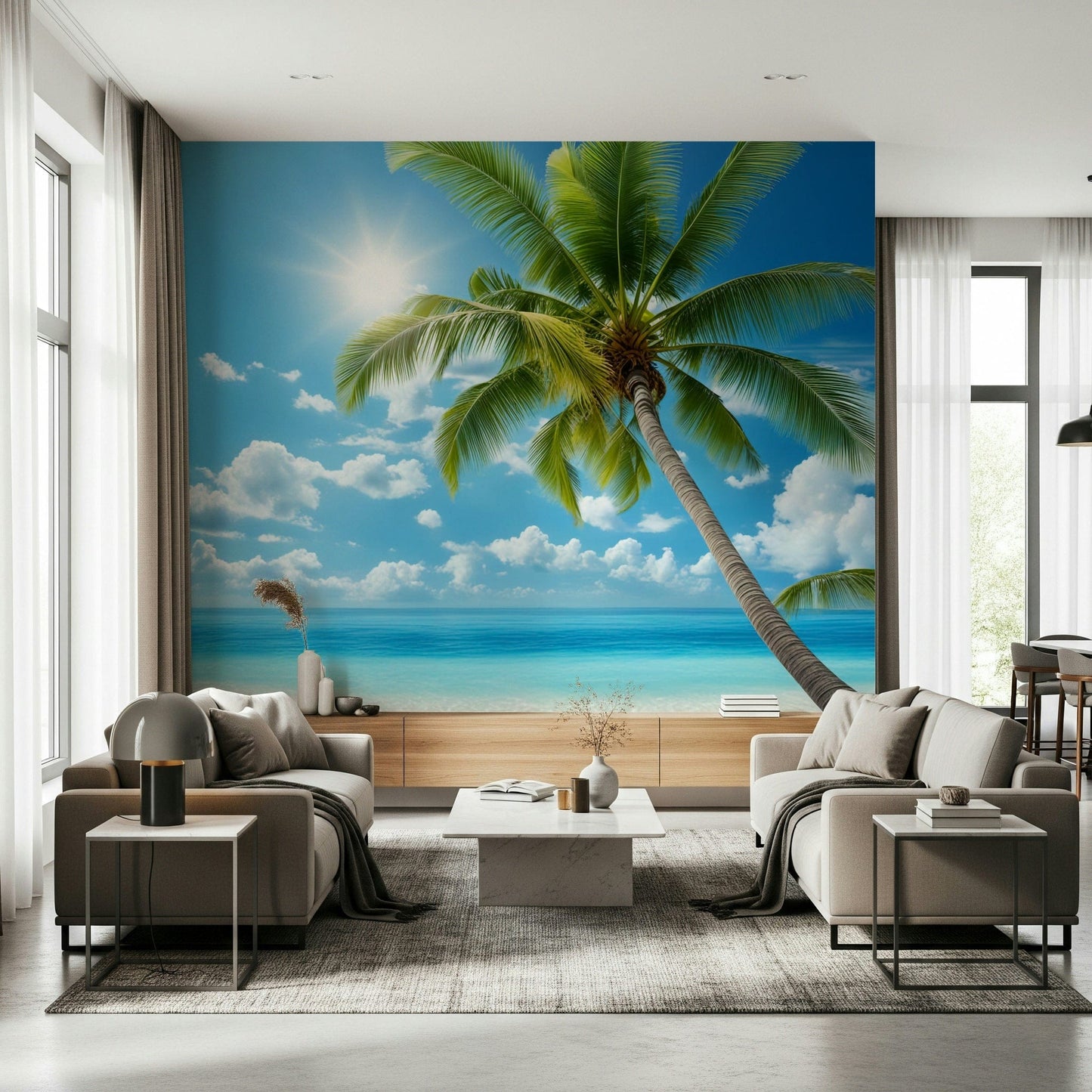 Bedroom headboard wall with calm beach mural, pastel ocean color, simple modern furnishings