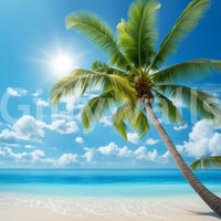 Modern lounge with coastal beach wallpaper, warm sand tones, cool blue water, relaxed style