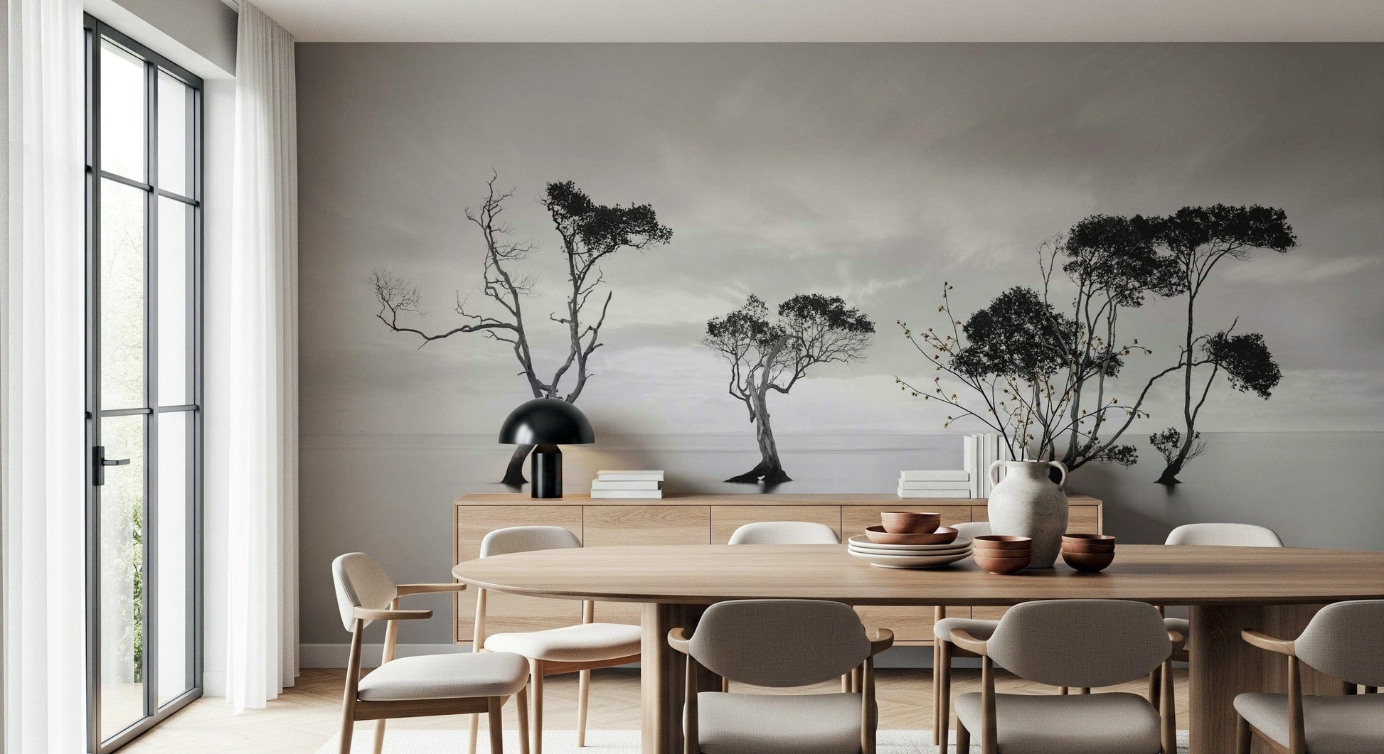 A peaceful woodland scene mural on decorative wallpaper.

