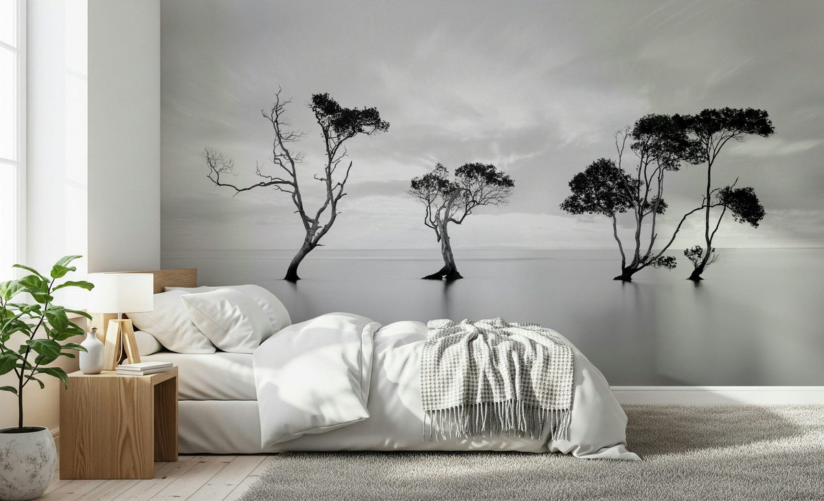 A contemplative monochrome forest wallpaper mural for a feature wall.


