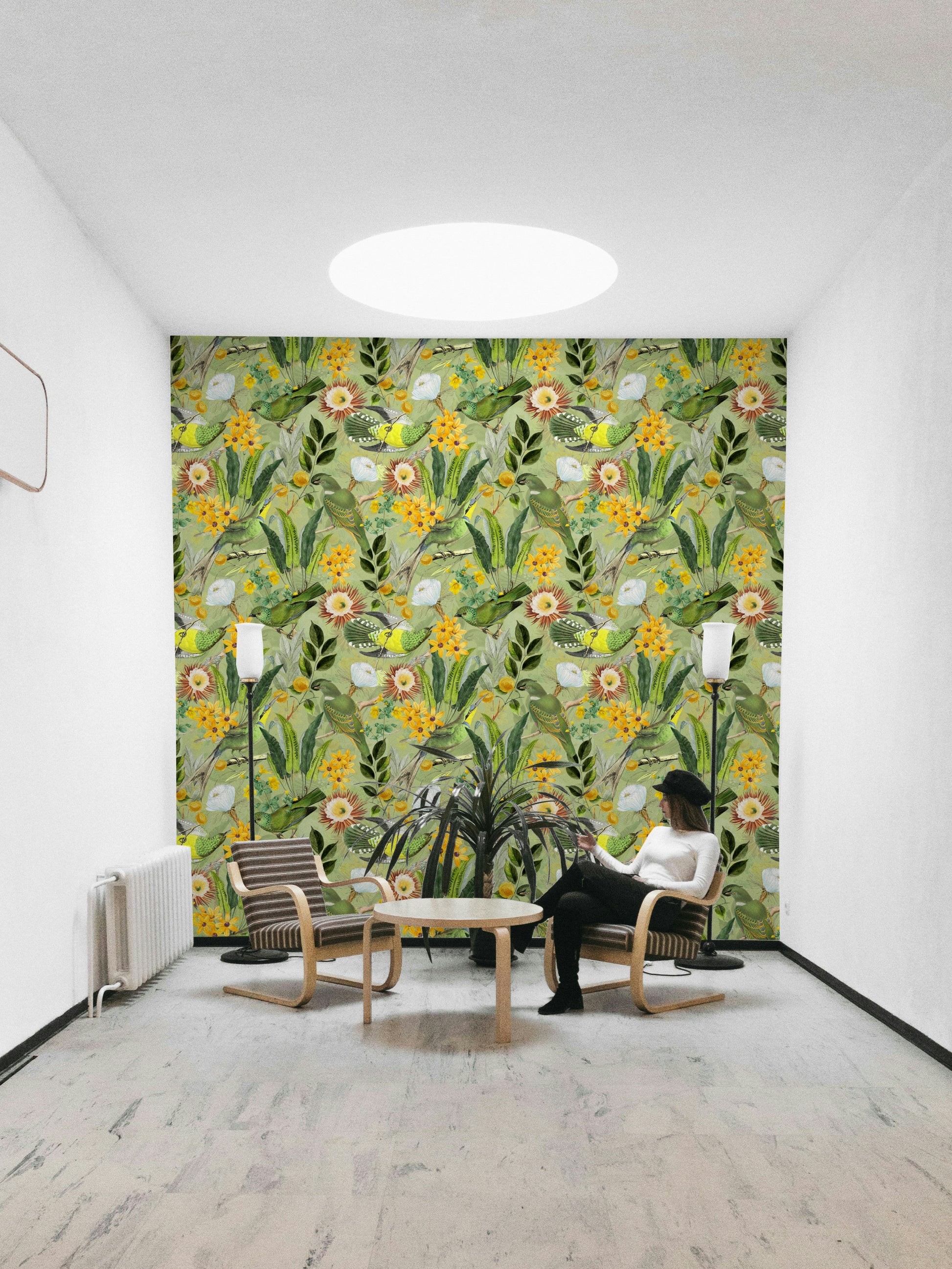Vibrant green tropical wallpaper with a serene aviary theme

