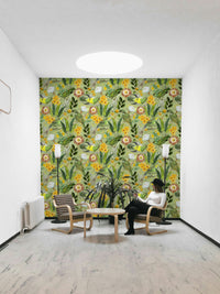 Vibrant green tropical wallpaper with a serene aviary theme


