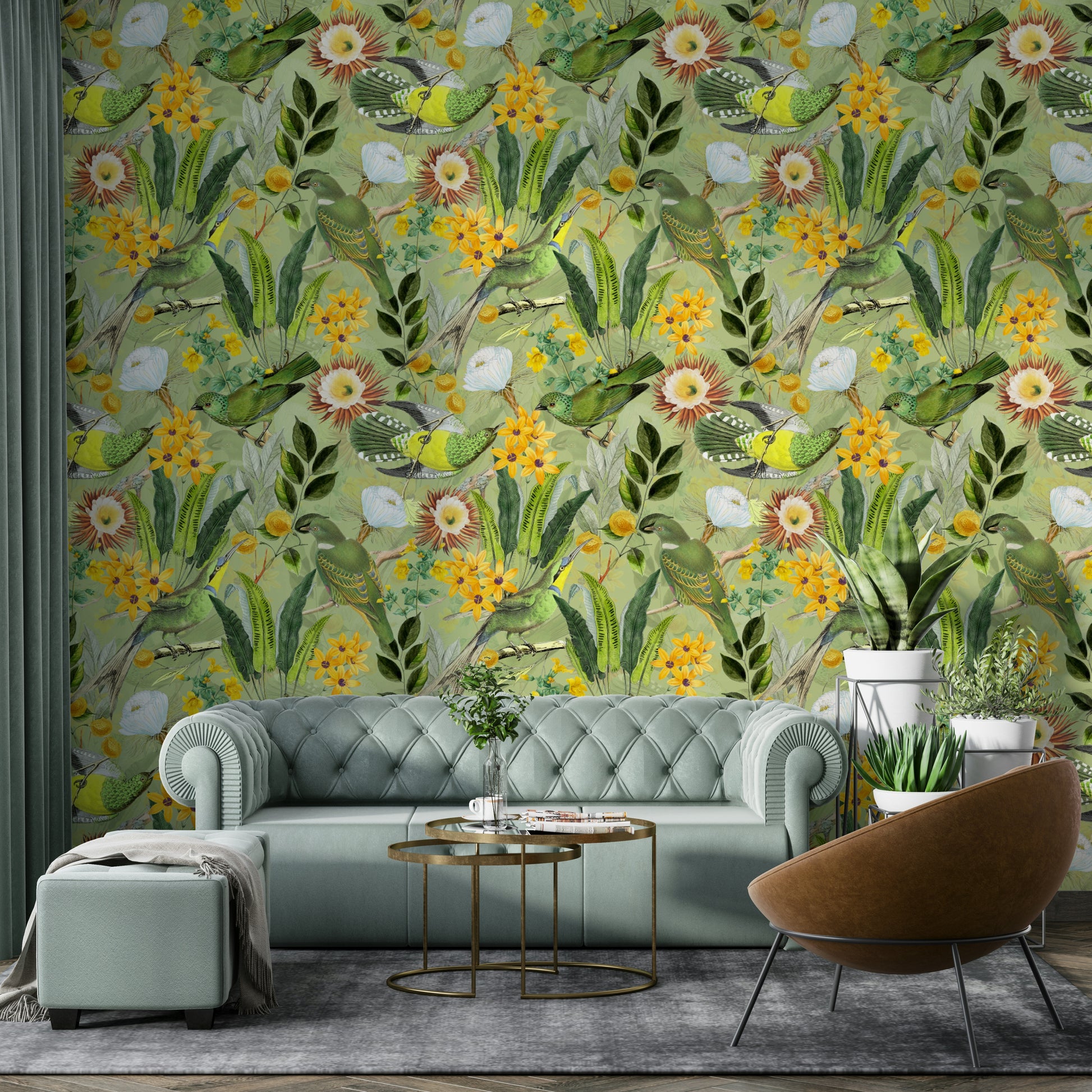 Tropical aviary wallpaper bringing nature’s beauty indoors

