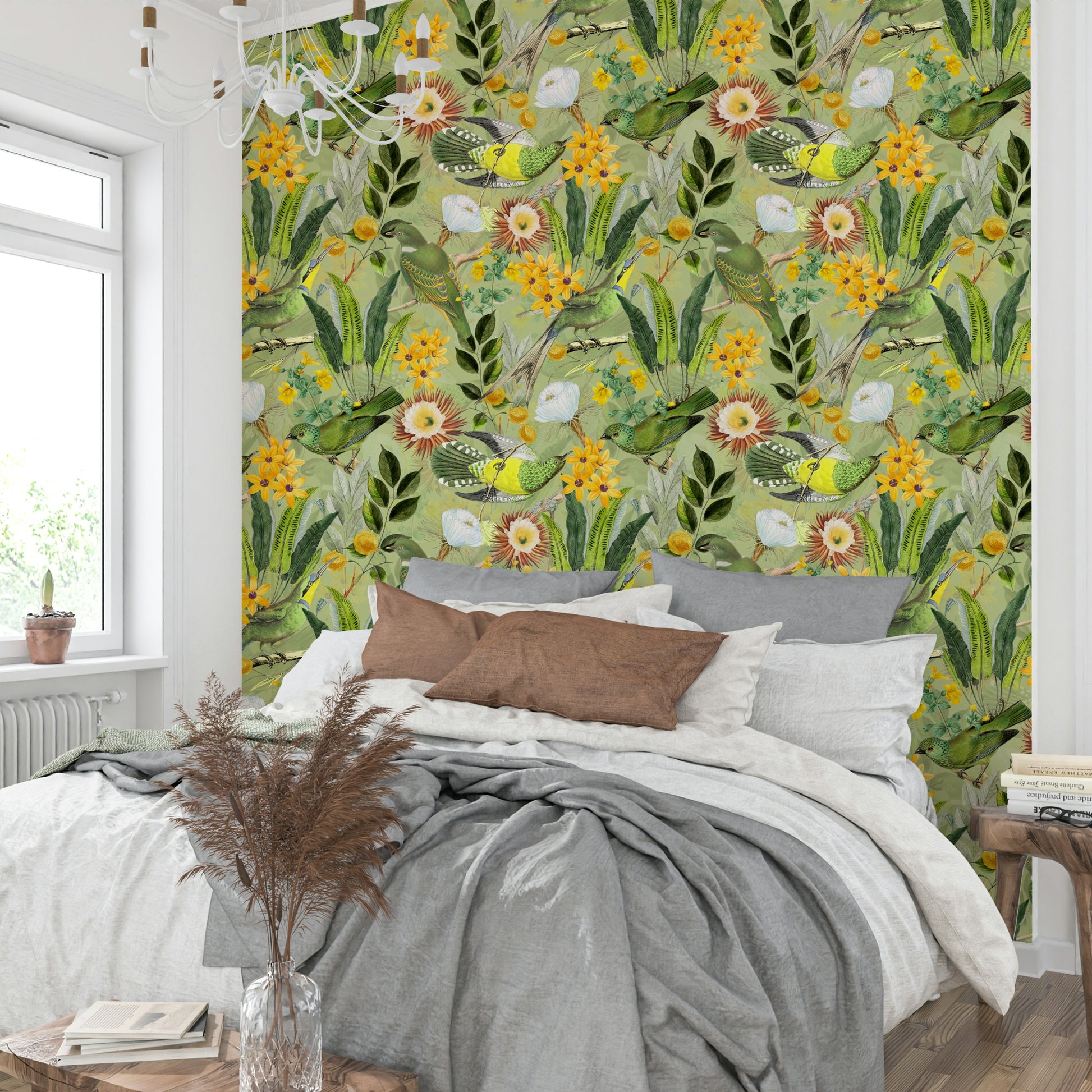 Tropical wallpaper featuring exotic birds perched on branches

