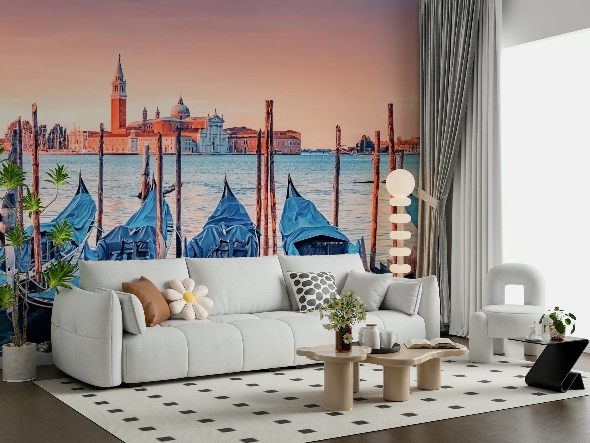 Venice canal mural in living space, calm modern colour tones