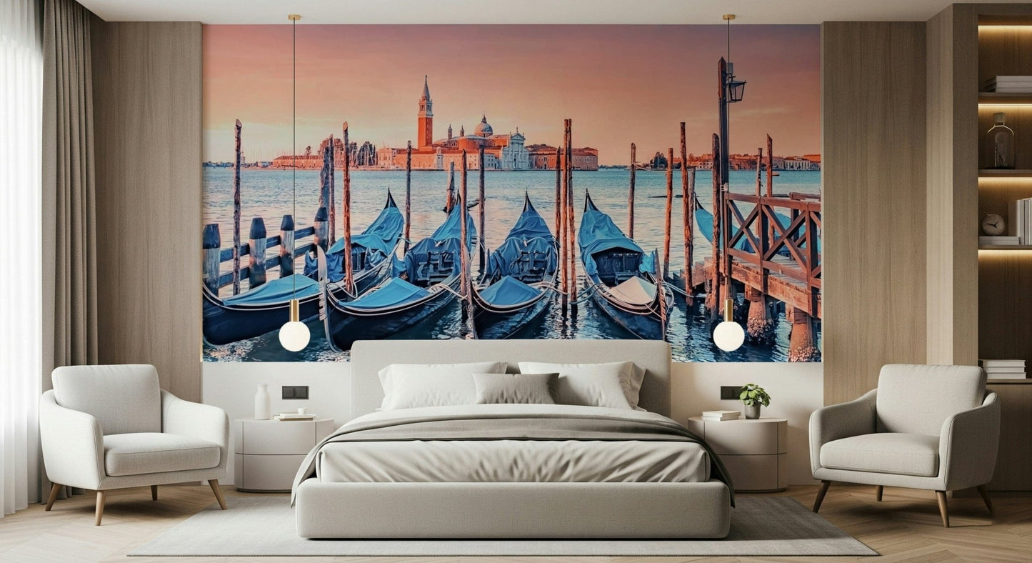 Venice skyline mural on dining wall, muted modern colours