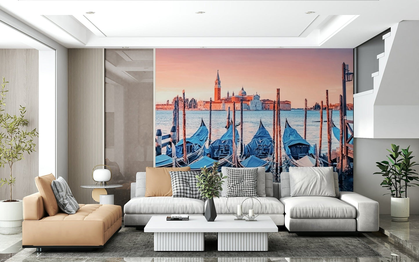 Venice scene mural in living space, modern feature wall look