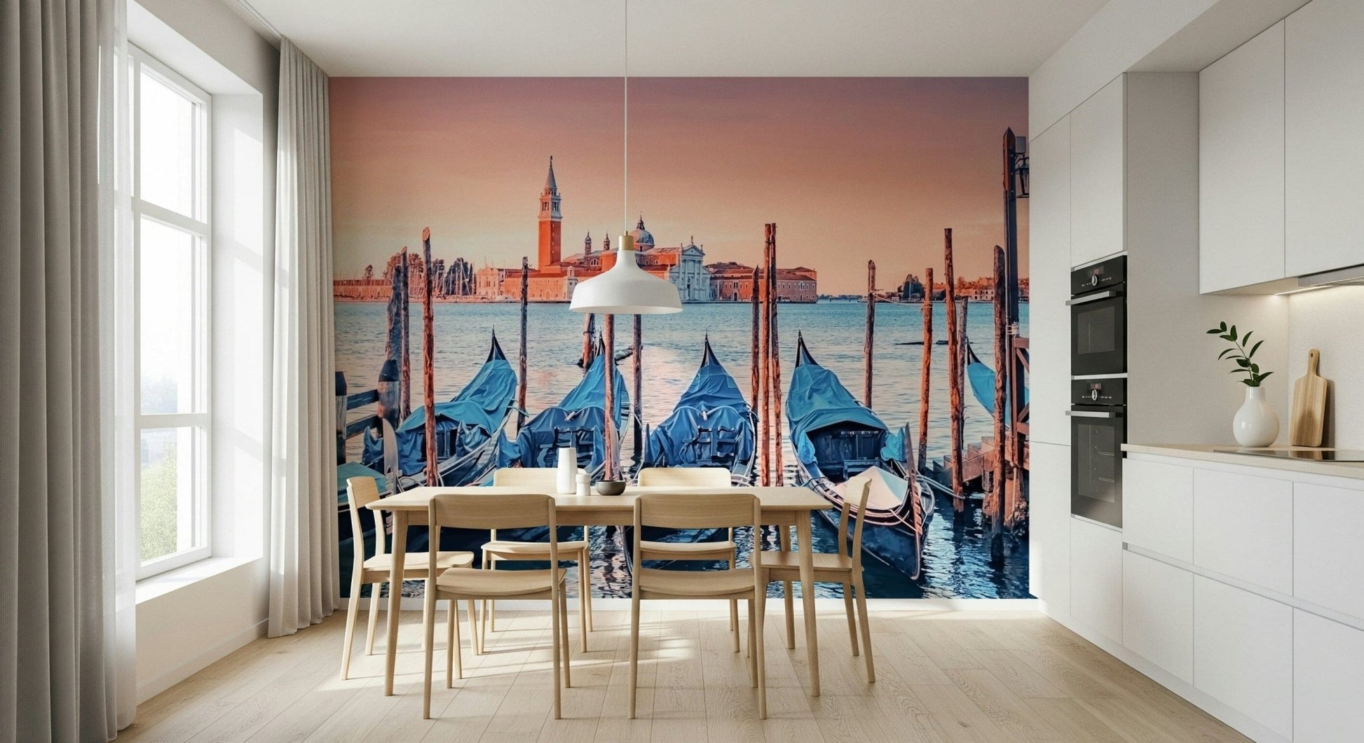 Gondola canal mural in reading nook, calm colour palette