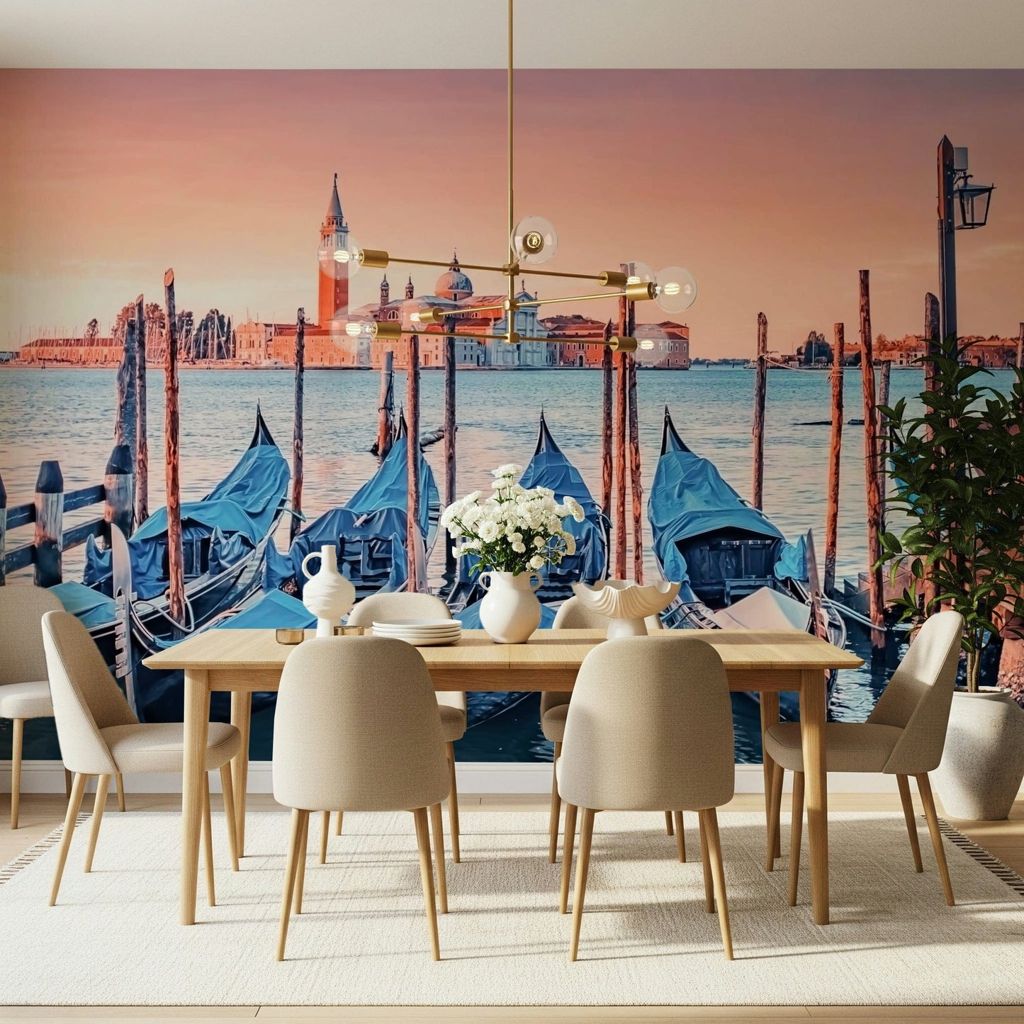 Serene Venice Scene Wall Mural behind sofa, home styling